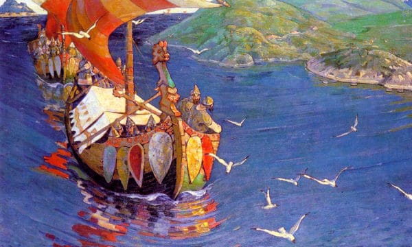 Obraz pt. Goście zza morza autorstwa Nicholasa Roericha przedstawiający Wikingów w łodziach