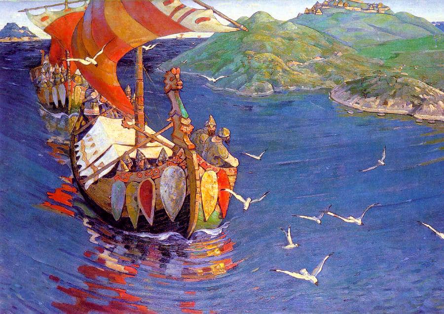 Obraz pt. Goście zza morza autorstwa Nicholasa Roericha przedstawiający Wikingów w łodziach